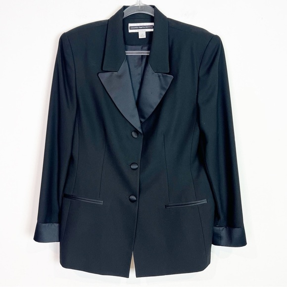 Amanda Smith Jackets & Blazers - AMANDA SMITH EVENING PETITES BLACK 3 BUTTON BLAZER SATIN TRIM WOMENS SZ 14P